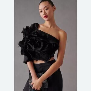 Anthropologie Let Me Be Black 3 D Rosette One Shoulder Cropped Top M P NWT
